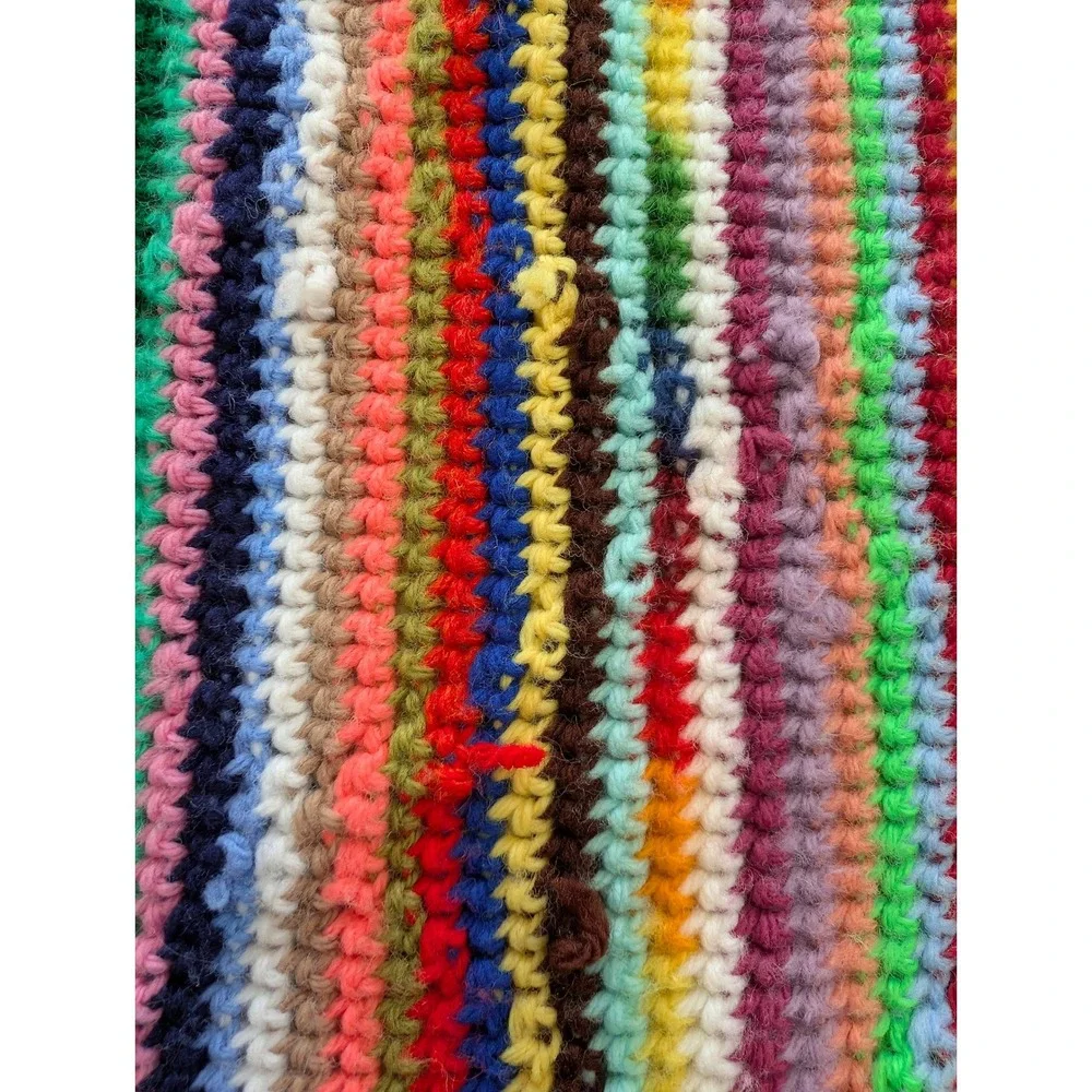 Vtg Handmade Crochet Afghan Optical Illusion Rainbow Multi Color Fringe Throw